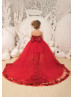 Red Sequin Tulle Knee Length Flower Girl Dress With Removable Train